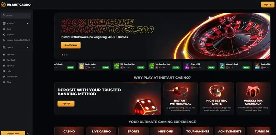 Instant Casino homepage screenshot