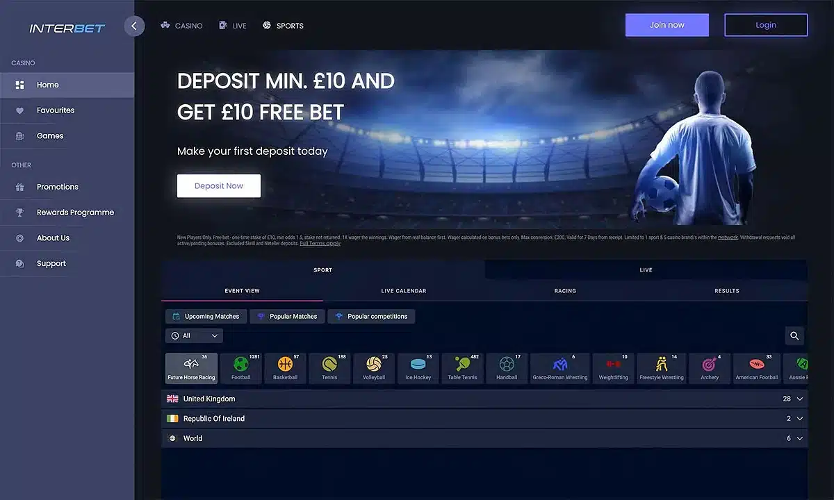 Interbet casino and sportsbook homepage showing its football welcome offer