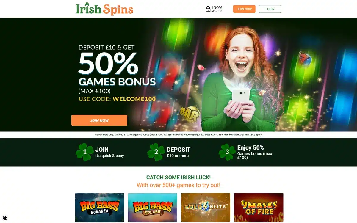 Irish Spins homepage showing the current casino offer and games