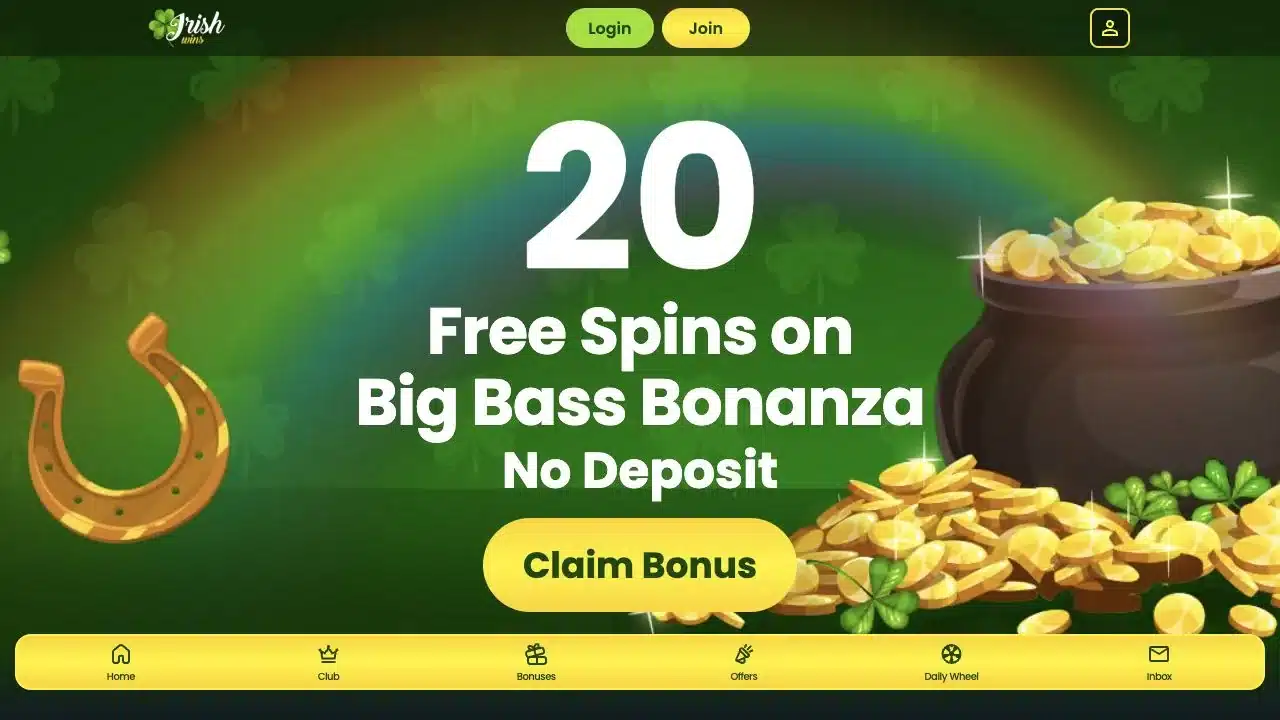 Irish Wins homepage showing the current 20 free spins no deposit offer