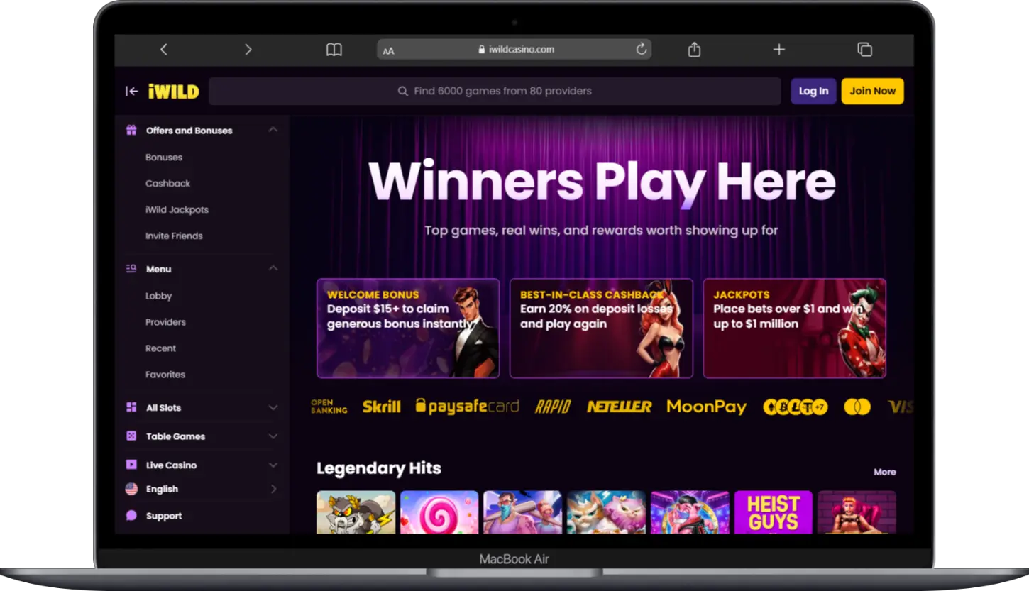 iWild Casino homepage showing its game lobby and promotions