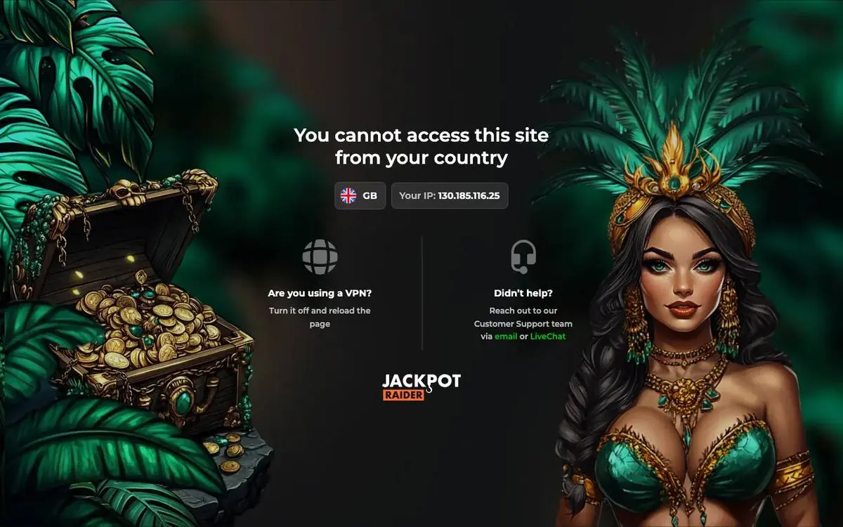 Jackpot Raider homepage screenshot – July 2026, geoblocked for UK visitors