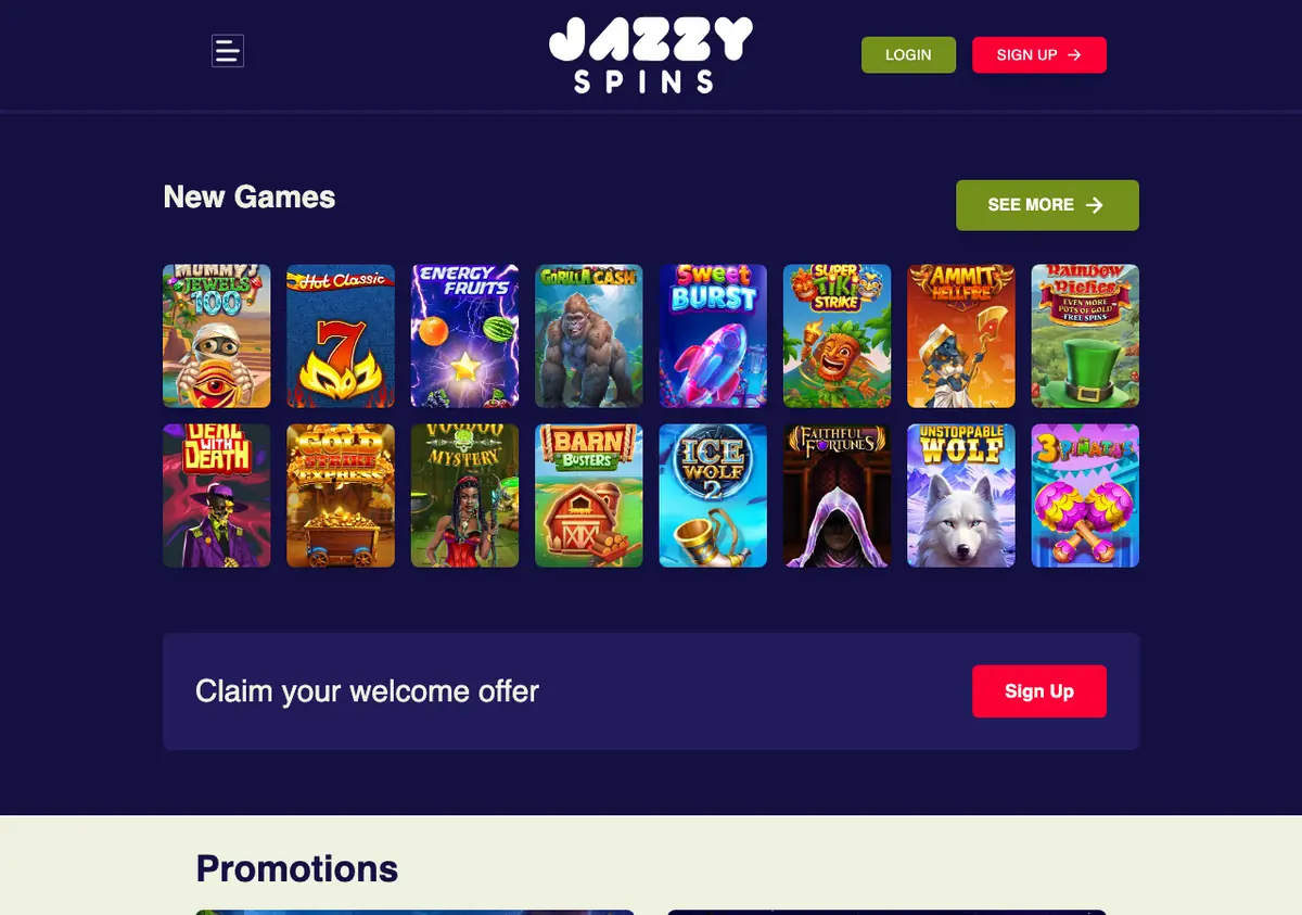 Jazzy Spins homepage screenshot &ndash; July 2026