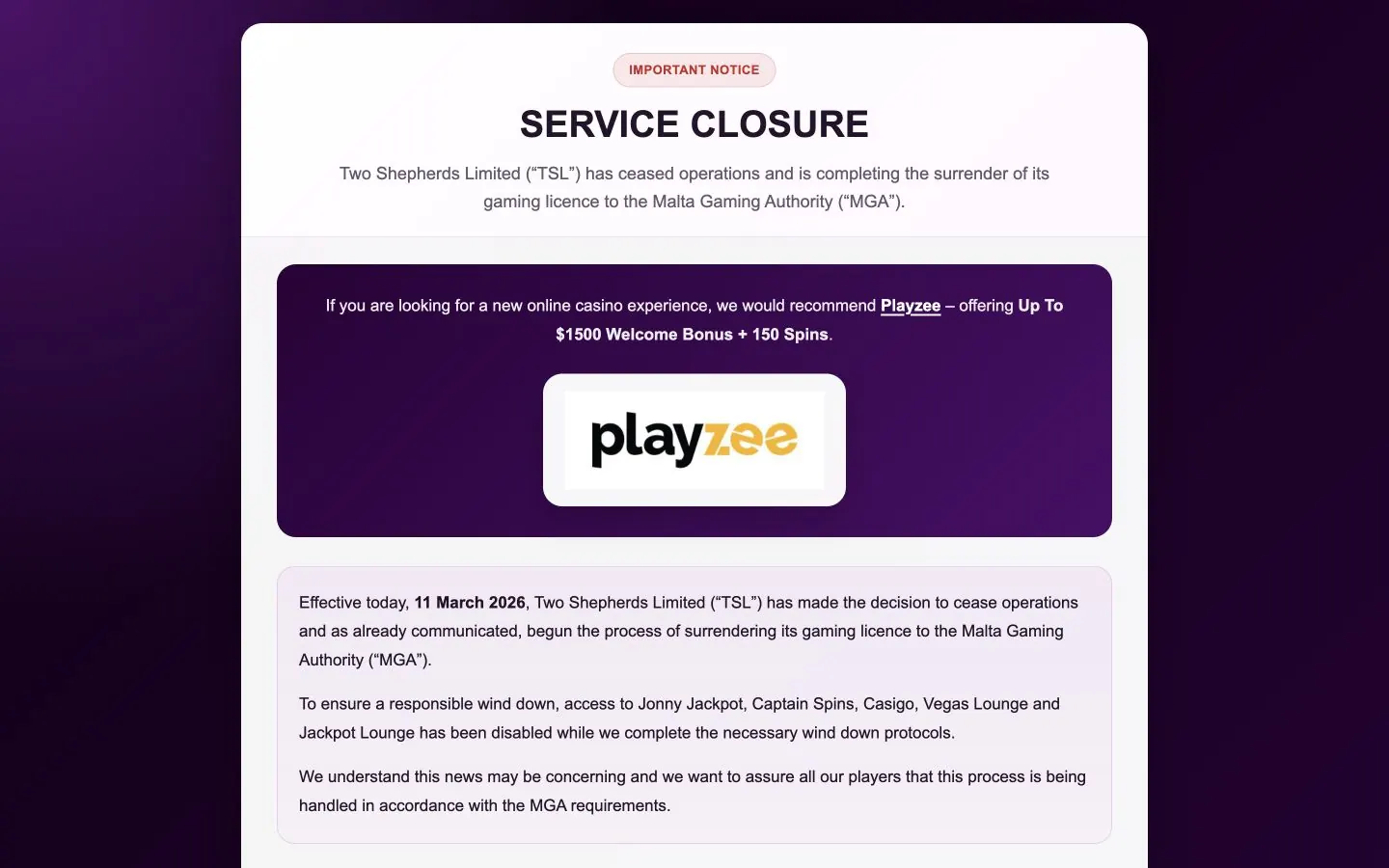 Jonny Jackpot service closure notice dated 11 March 2026