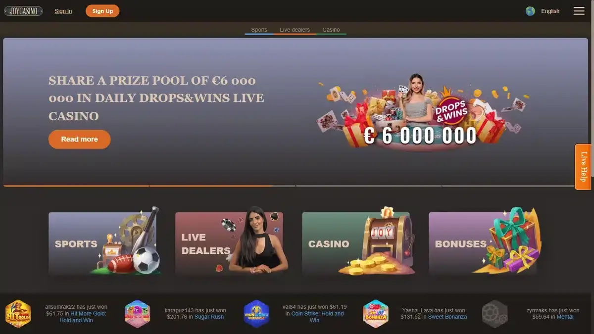 Joy Casino homepage screenshot – July 2026
