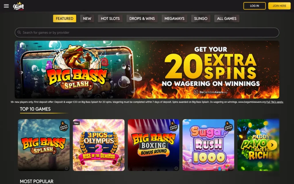 King Casino homepage showing its current casino lobby