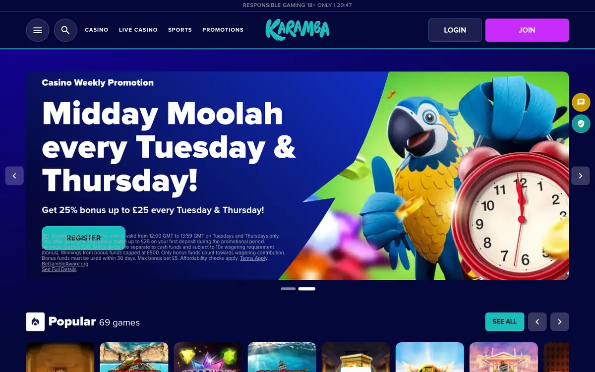 Karamba homepage screenshot – July 2026
