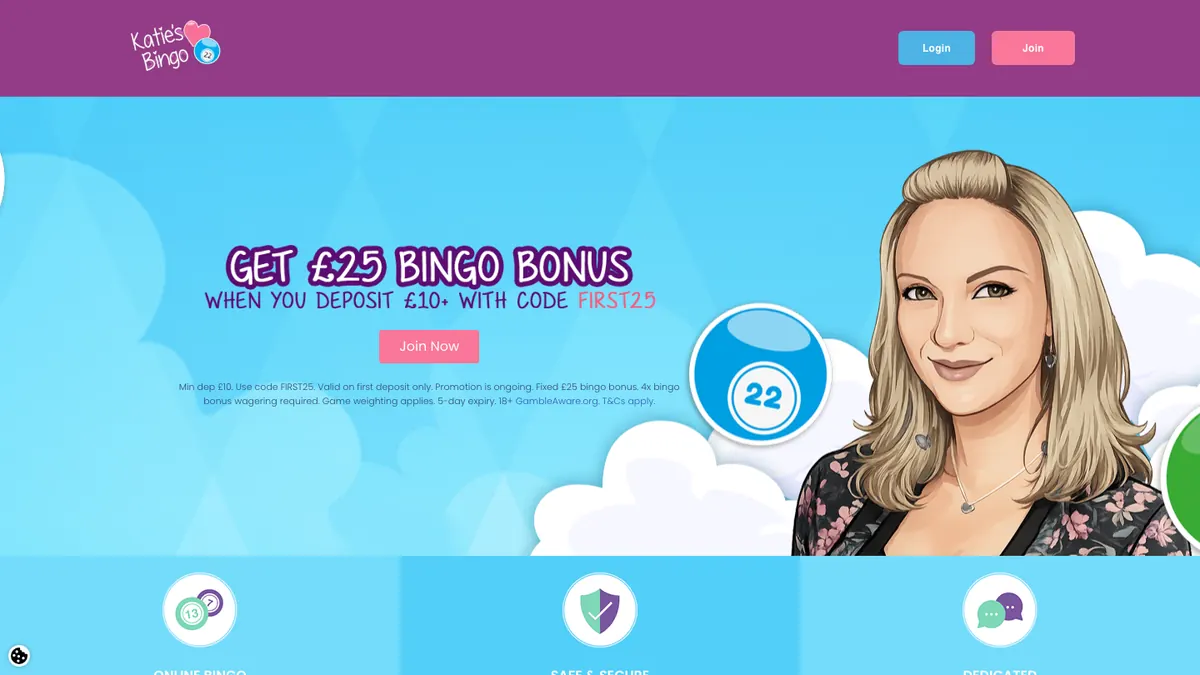 Katie's Bingo homepage showing its current £25 bingo bonus