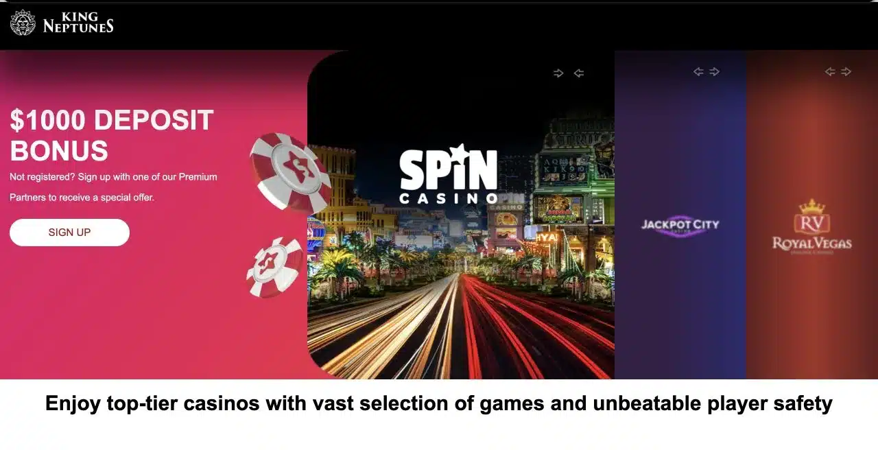 King Neptunes Casino archived homepage showing its partner casino landing page