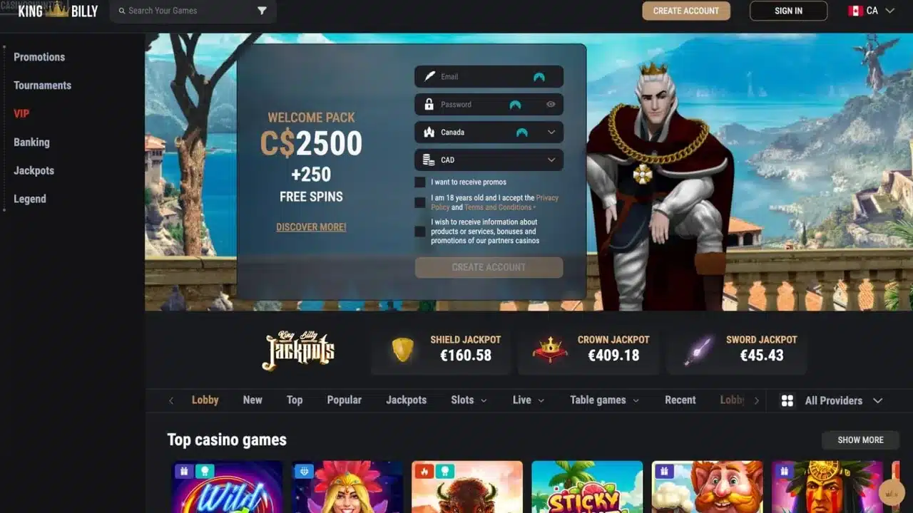 King Billy Casino homepage with welcome pack, jackpots and game lobby