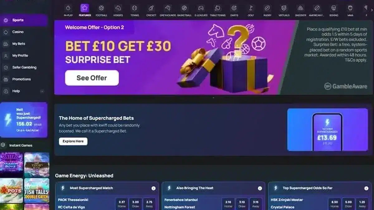 Kwiff sportsbook homepage and betting markets