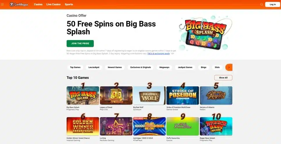 LeoVegas UK homepage showing casino games and current welcome offer