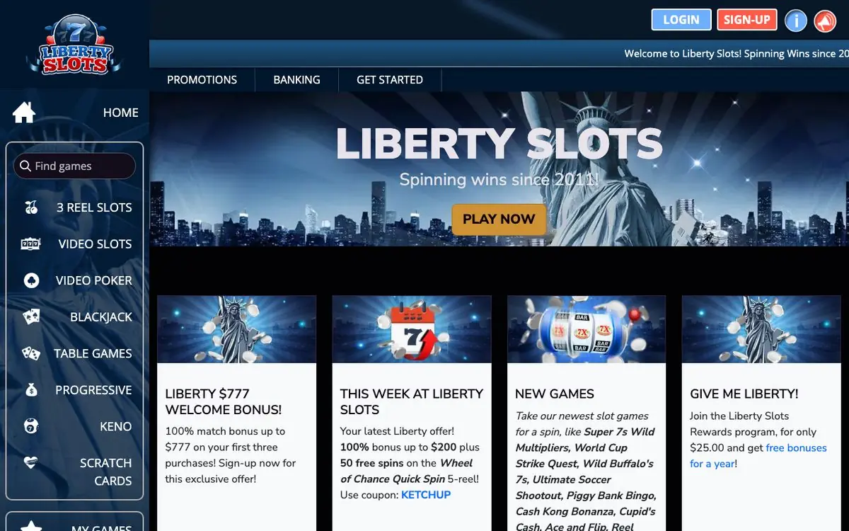 Liberty Slots homepage screenshot – July 2026