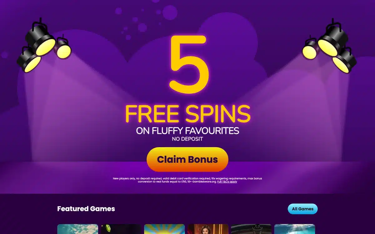 Lights Camera Bingo homepage showing the current five free spins offer