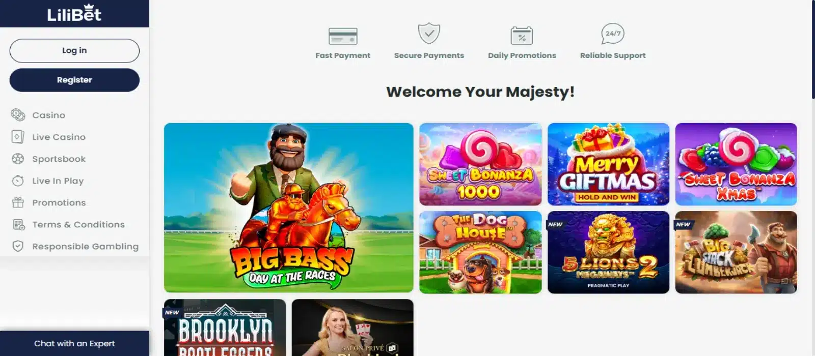 Lili Bet casino homepage showing its casino lobby and navigation
