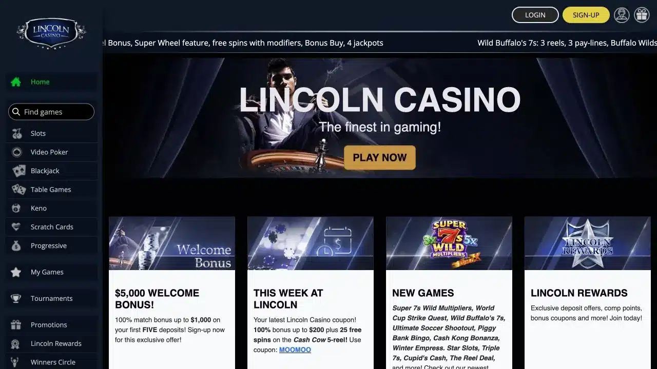 Lincoln Casino homepage showing its game lobby and welcome offer