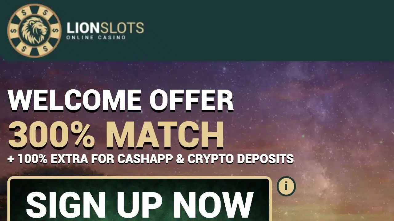 Lion Slots homepage showing the current welcome offer