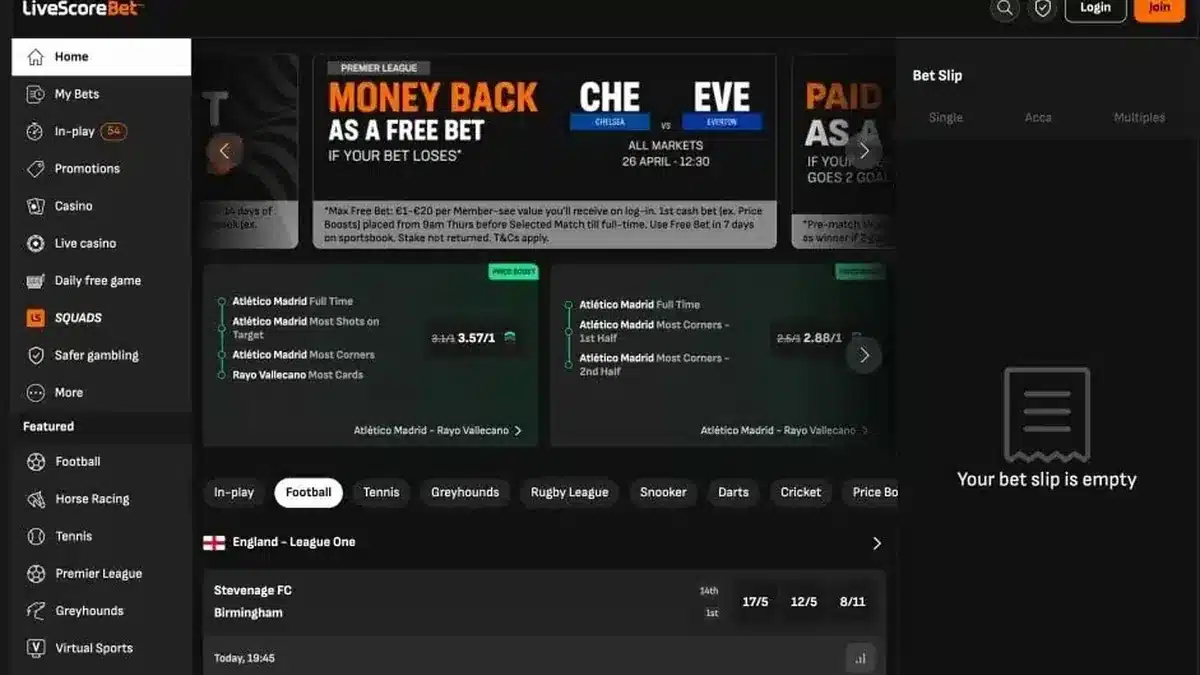 LiveScore Bet sportsbook homepage and live betting markets