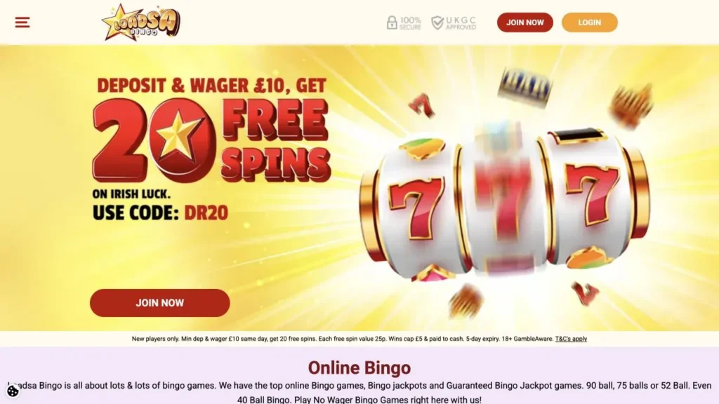 Loadsa Bingo homepage showing its current 20 free spins offer