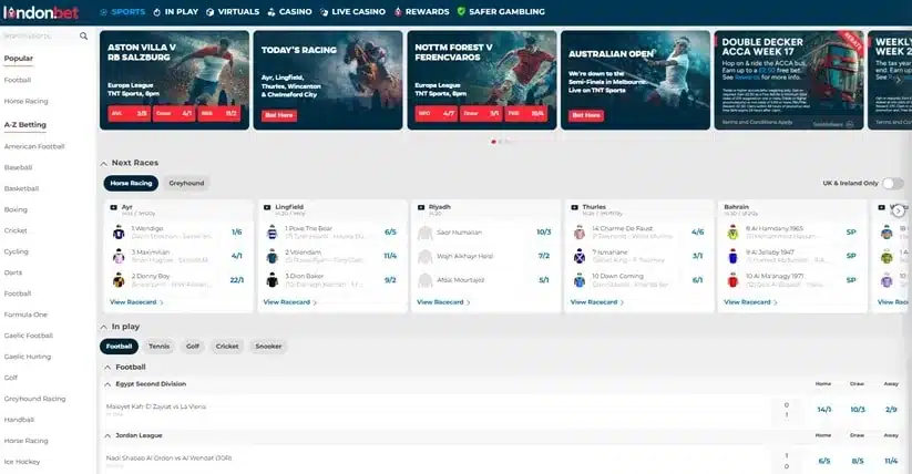 London Bet homepage showing sportsbook and casino navigation