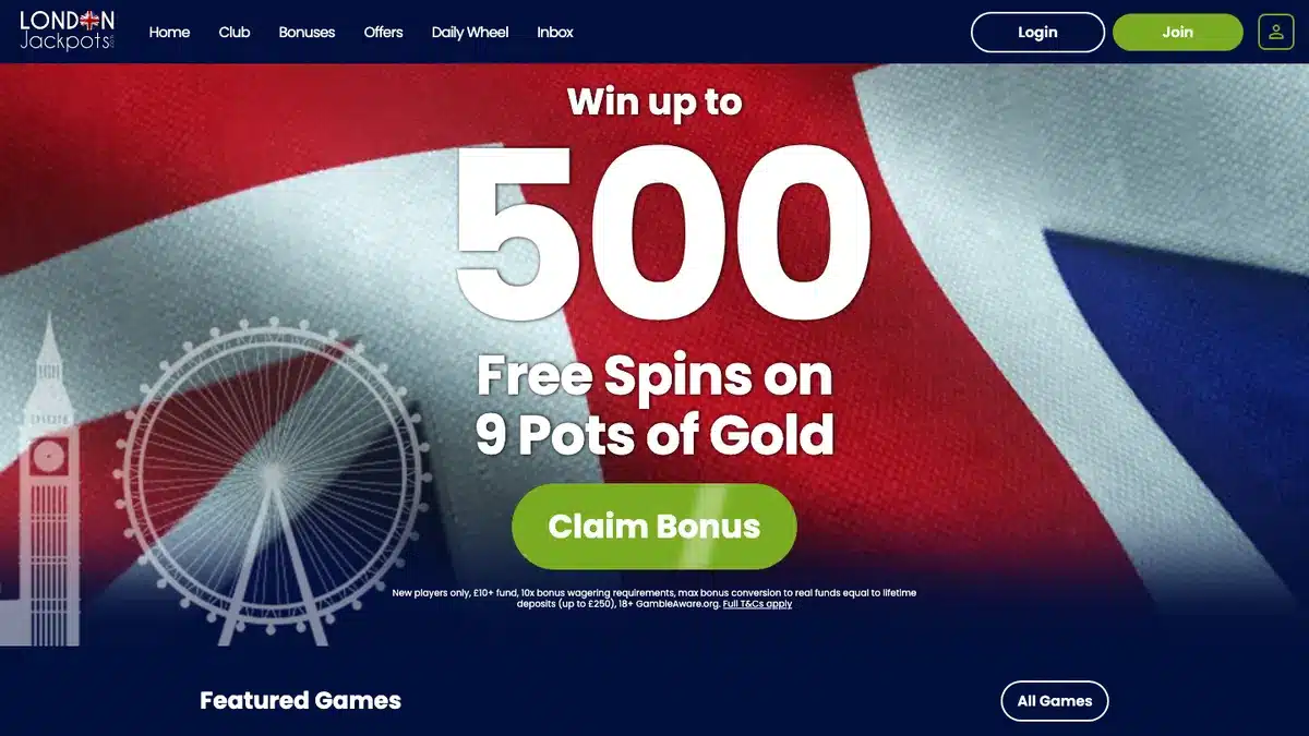 London Jackpots homepage showing its current casino lobby and welcome offer