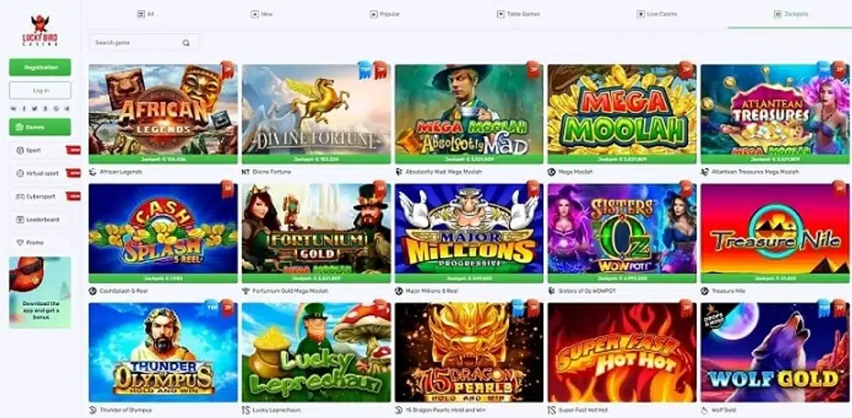 Lucky Bird Casino homepage and game lobby