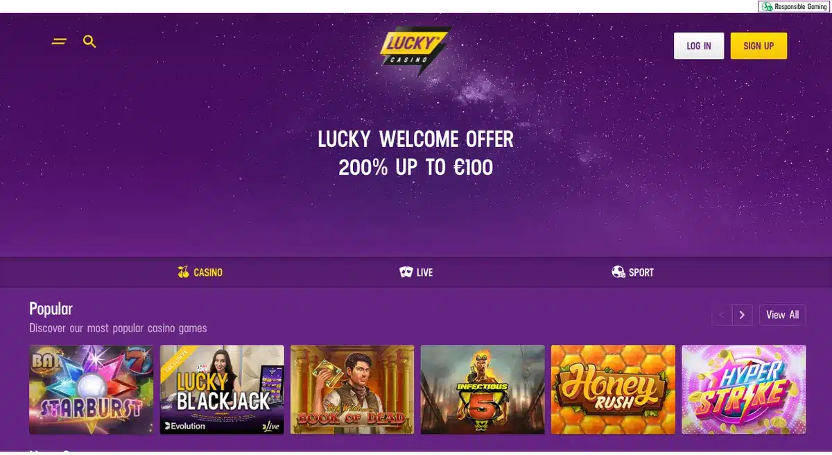 Lucky Casino homepage screenshot – July 2026