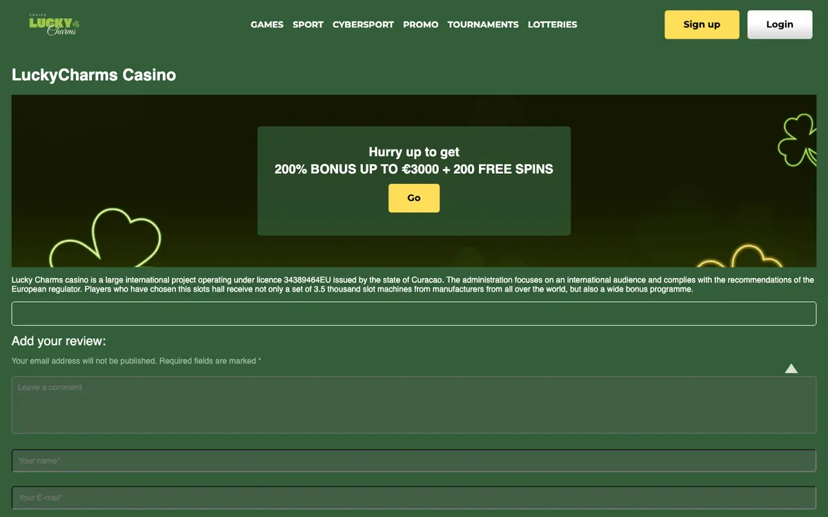 Lucky Charms Casino homepage screenshot – July 2026