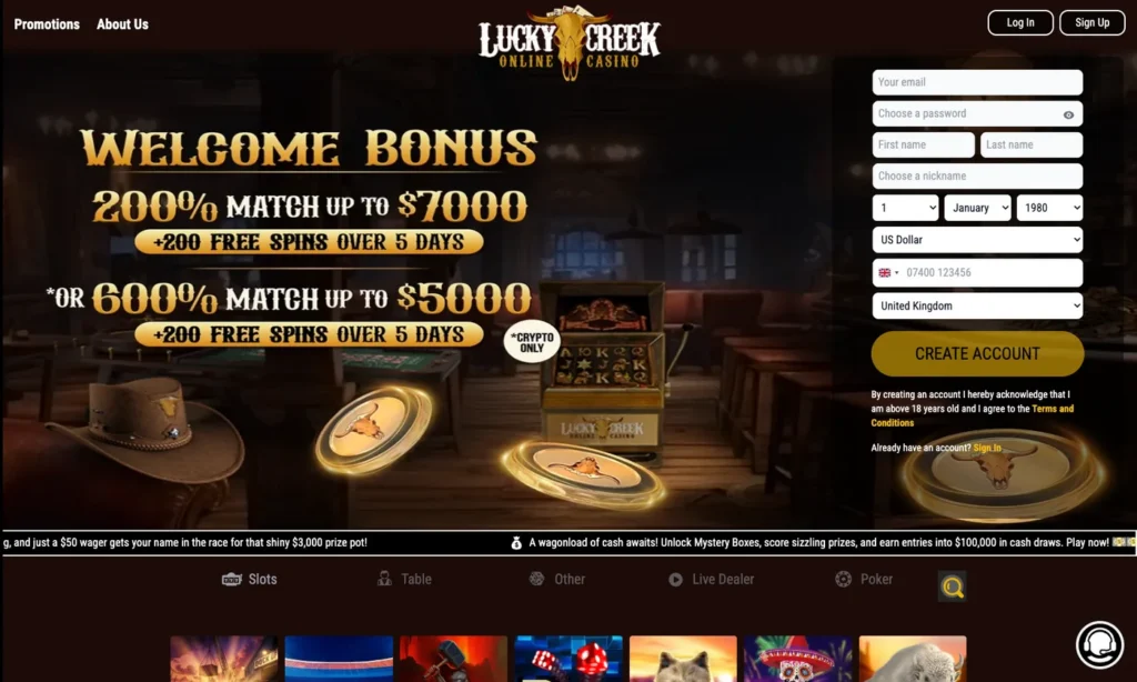 Lucky Creek Casino homepage showing the current welcome offer and registration panel