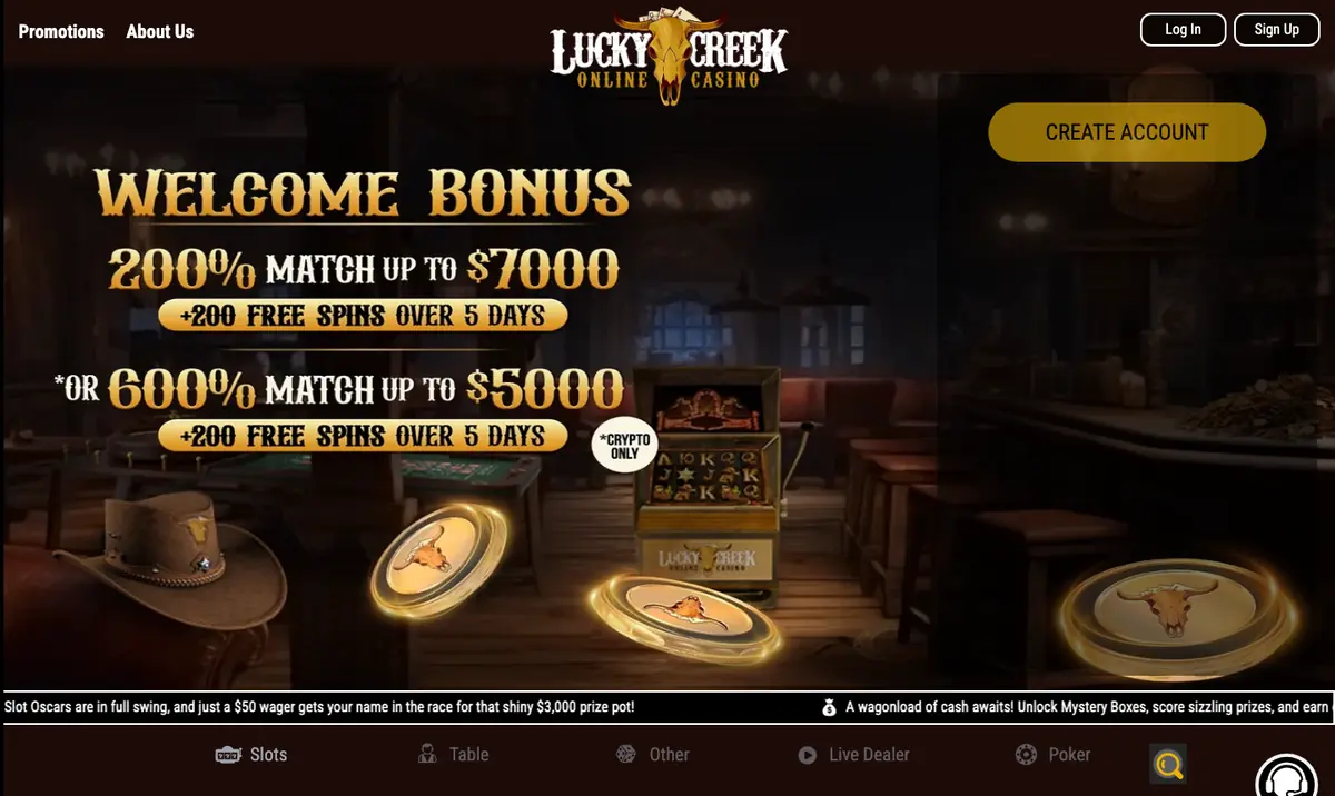 Lucky Creek homepage screenshot – July 2026