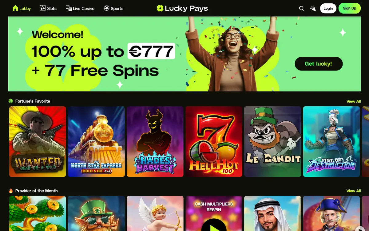 Lucky Pays Casino homepage screenshot – July 2026