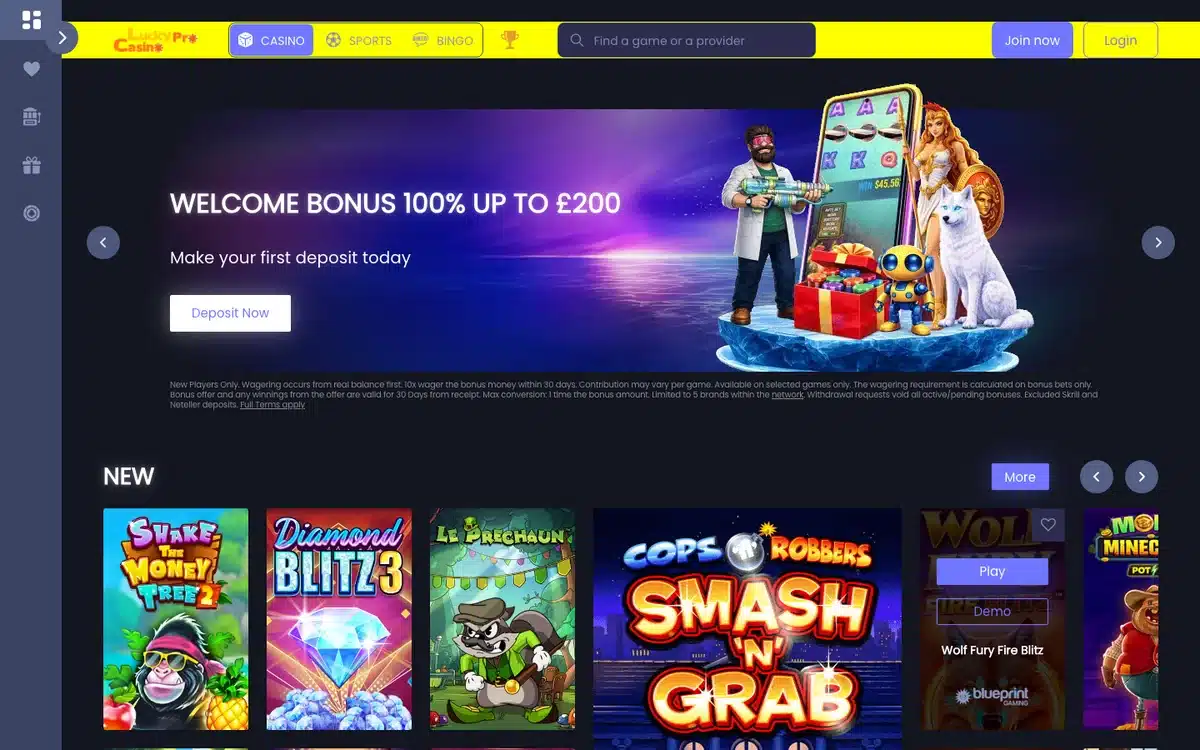 Lucky Pro Casino homepage screenshot – July 2026