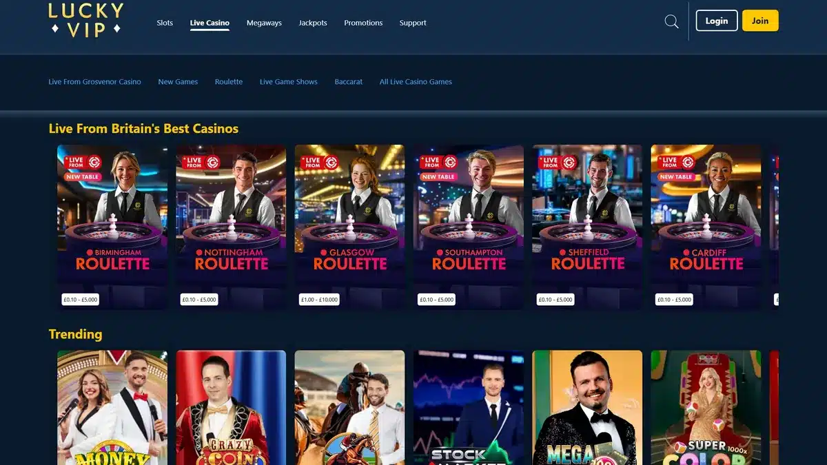 Lucky VIP live casino lobby with branded roulette tables