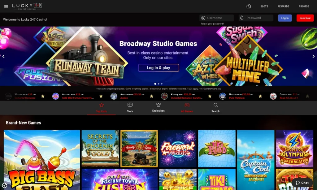 Lucky247 casino homepage showing its current slot lobby and games