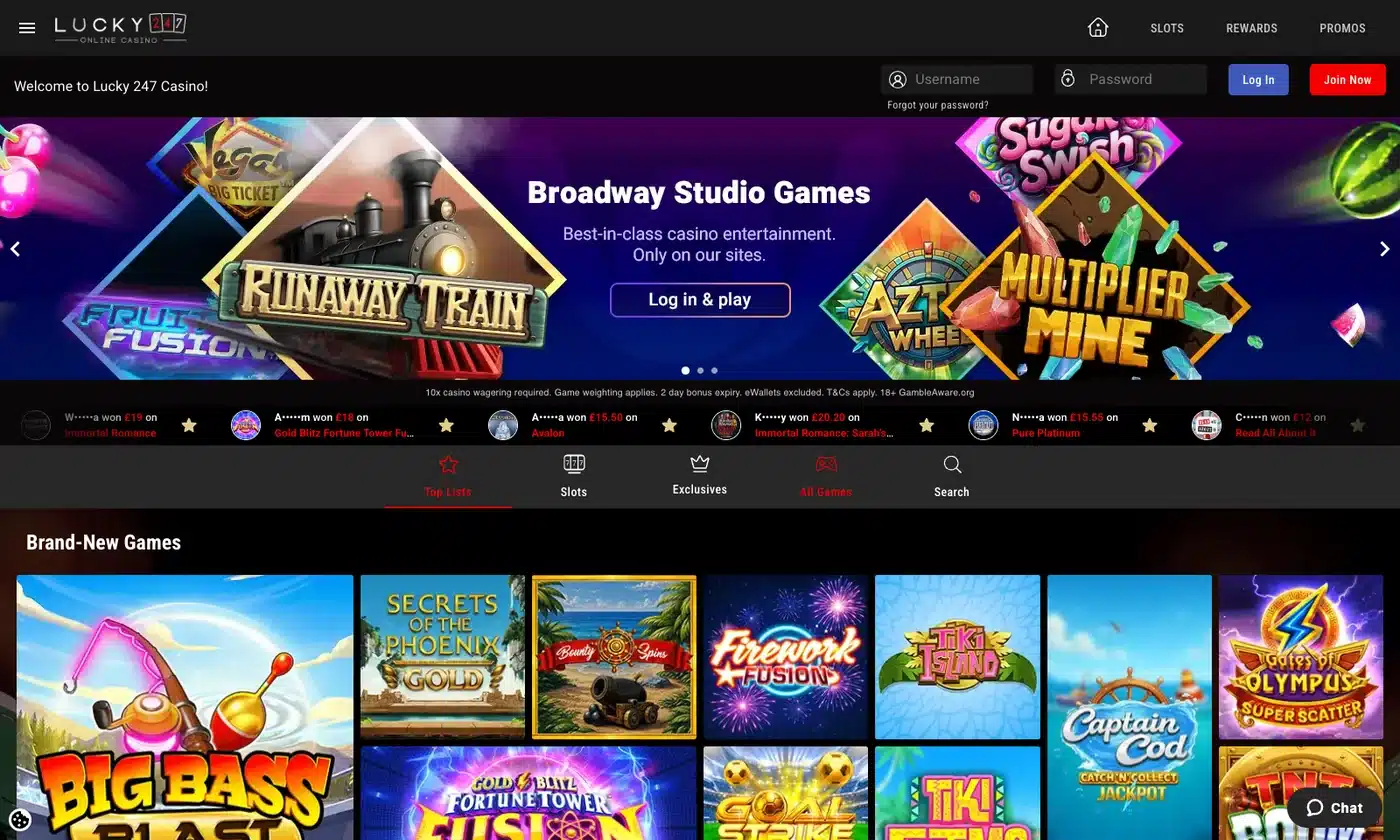 Lucky247’s July 2026 casino lobby, with Broadway Studio games and a separate new-games shelf.