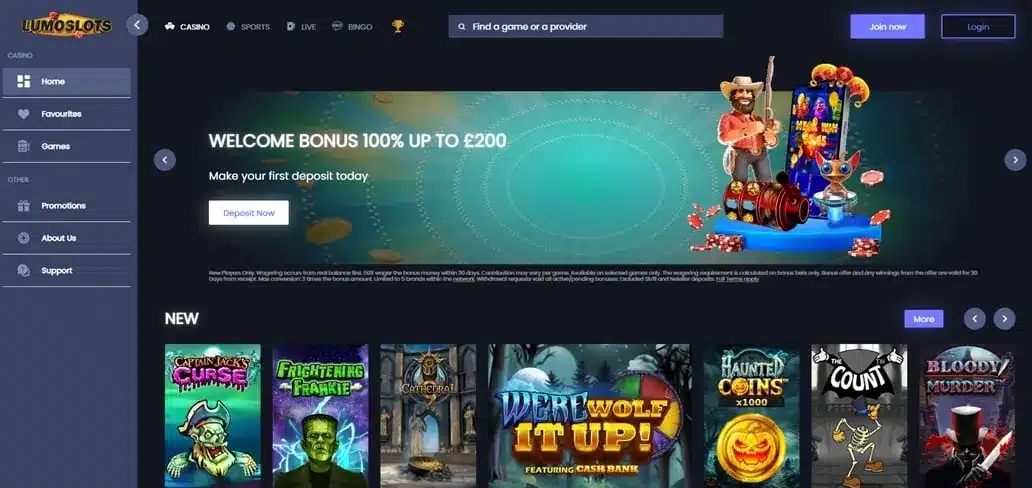 Lumo Slots casino homepage showing the slots lobby