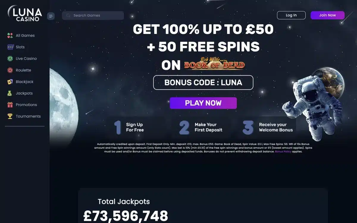 Luna Casino website showing the UK casino lobby and current welcome offer