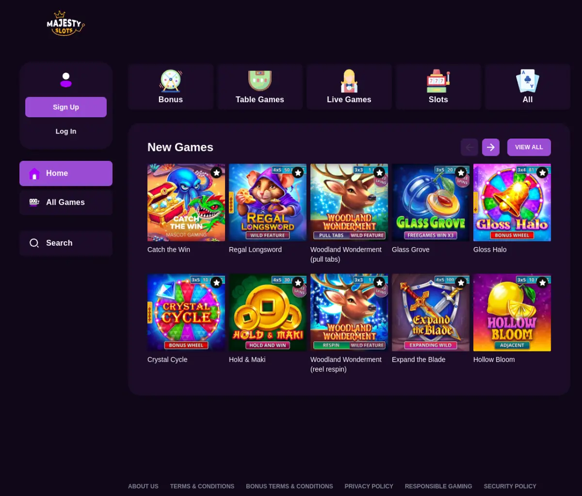 Majesty Slots homepage screenshot – July 2026