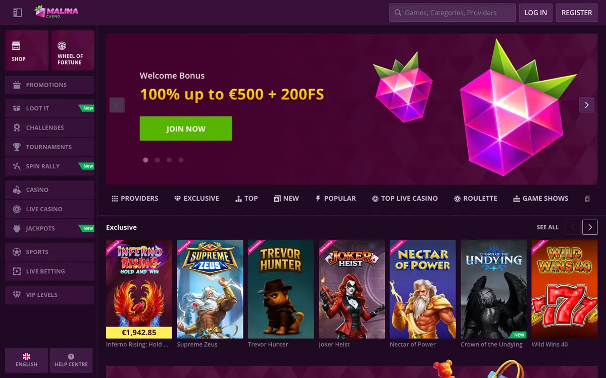 Malina Casino homepage screenshot – July 2026