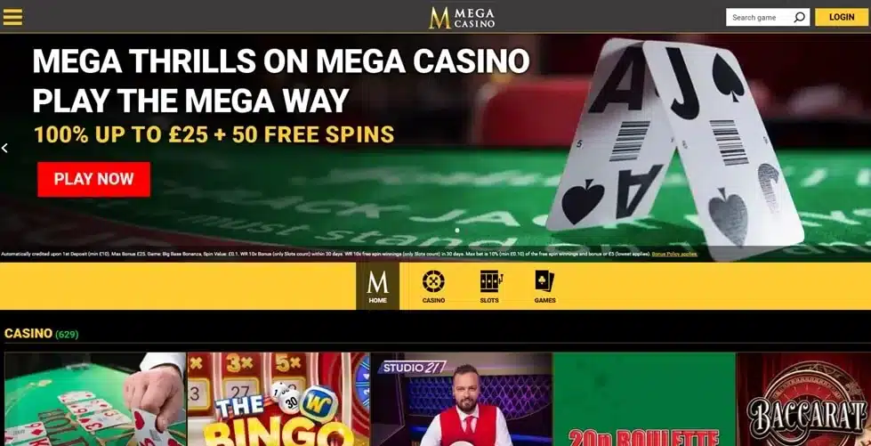Mega Casino homepage screenshot