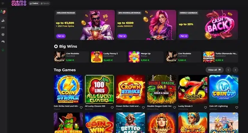 Memo Casino homepage screenshot
