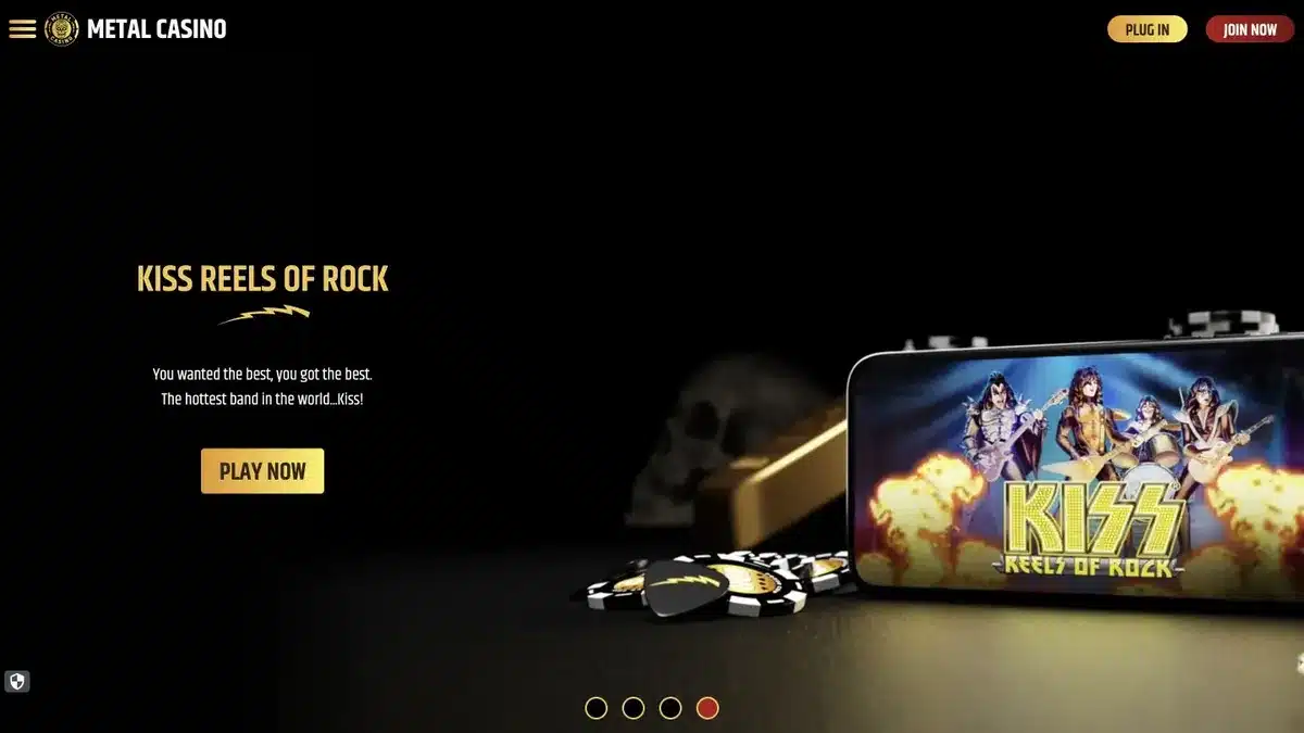 Metal Casino homepage with its black and gold rock theme