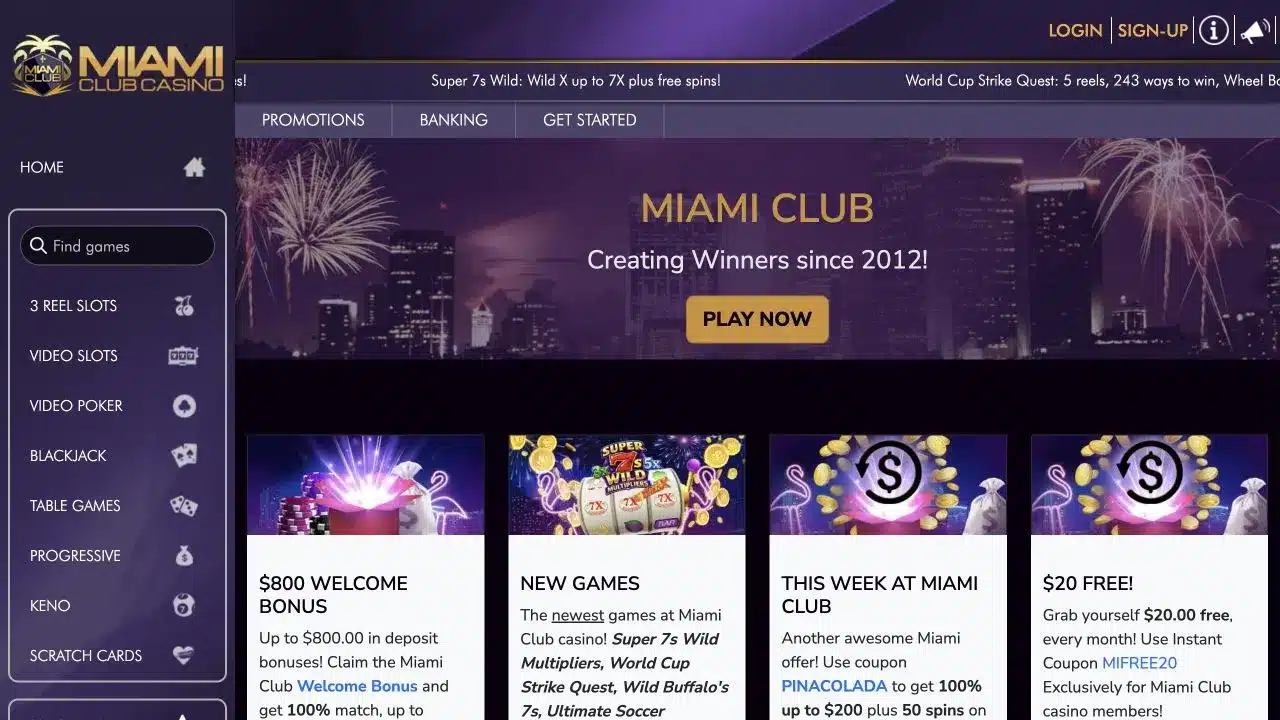 Miami Club Casino homepage showing the current games and welcome offer