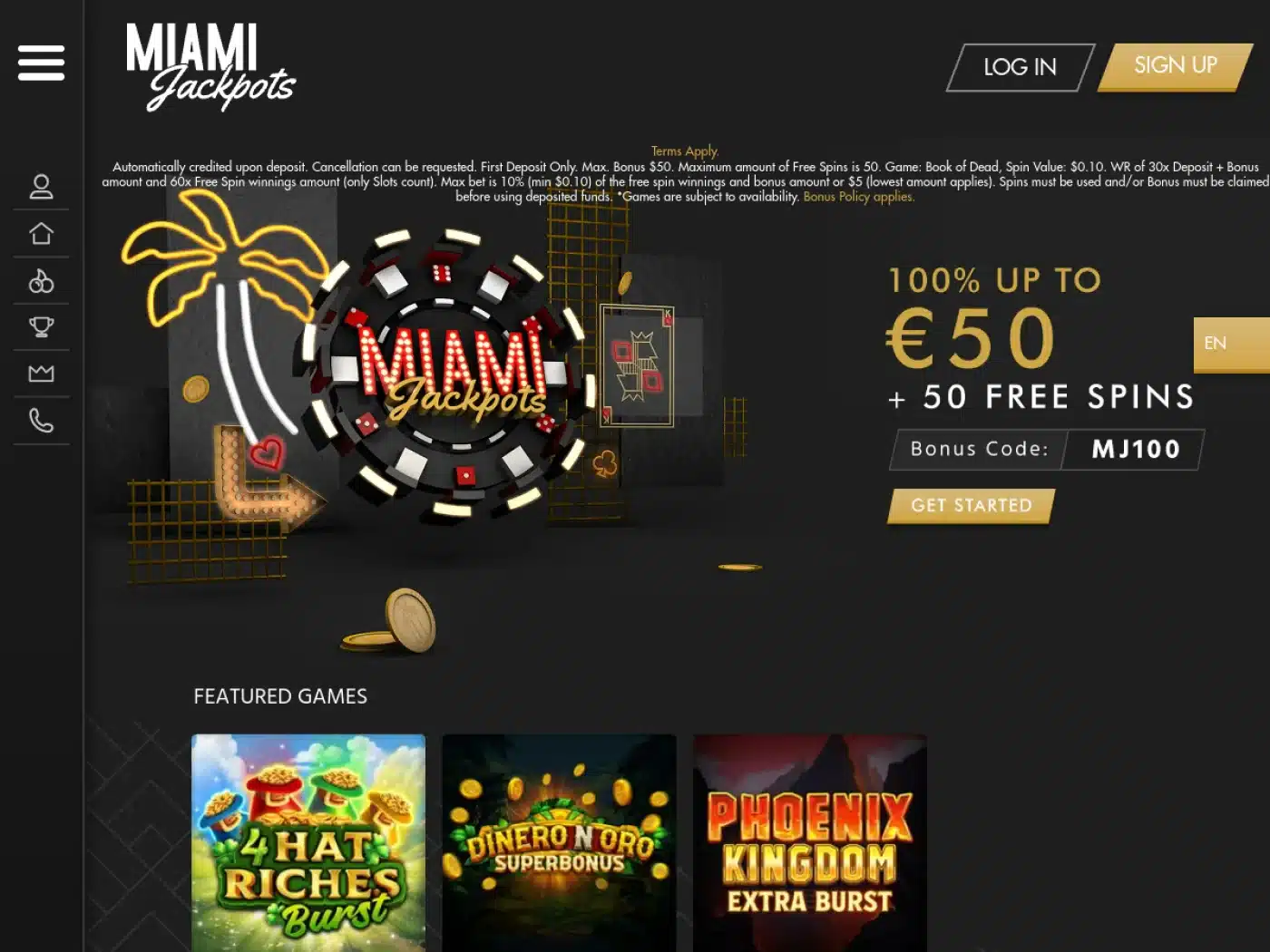 Miami Jackpots homepage screenshot – July 2026