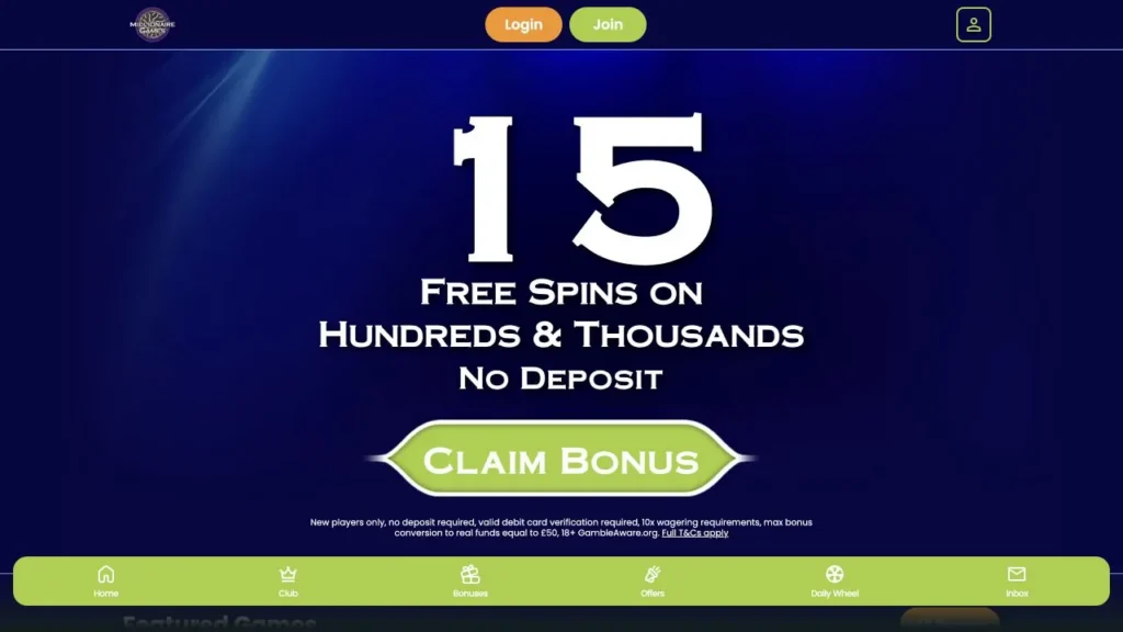 Millionaire Games homepage showing the current no-deposit free spins offer