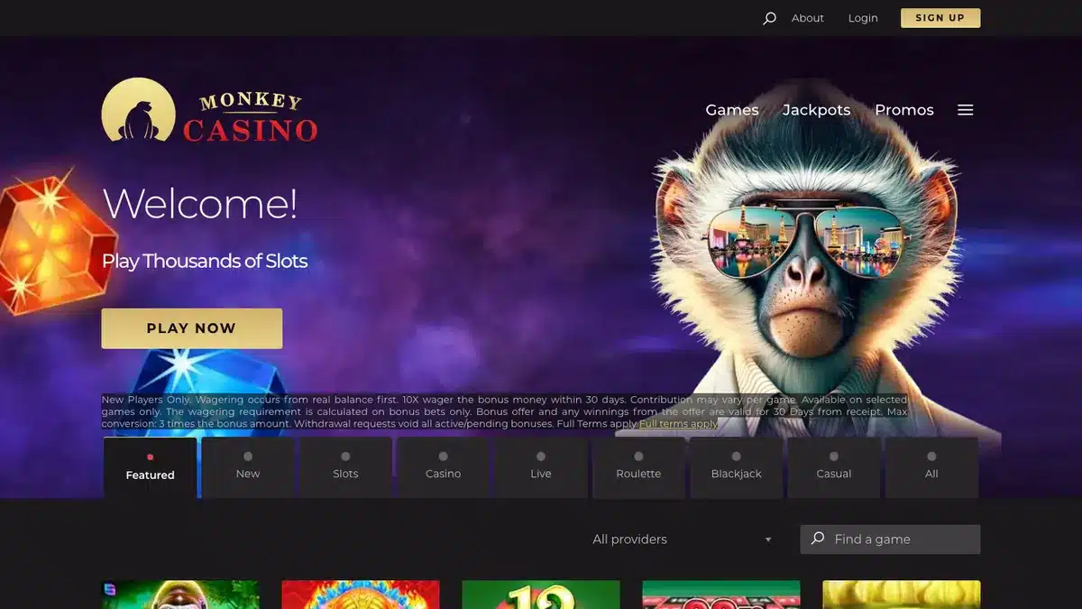 Monkey Casino homepage showing its current slots lobby and welcome terms