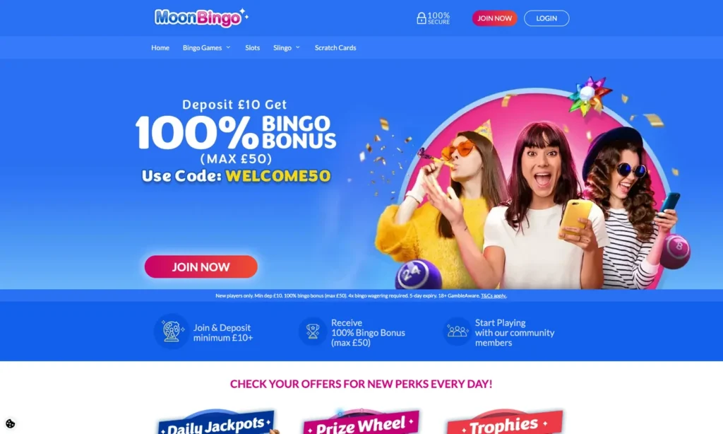 Moon Bingo homepage showing the current welcome offer and bingo navigation