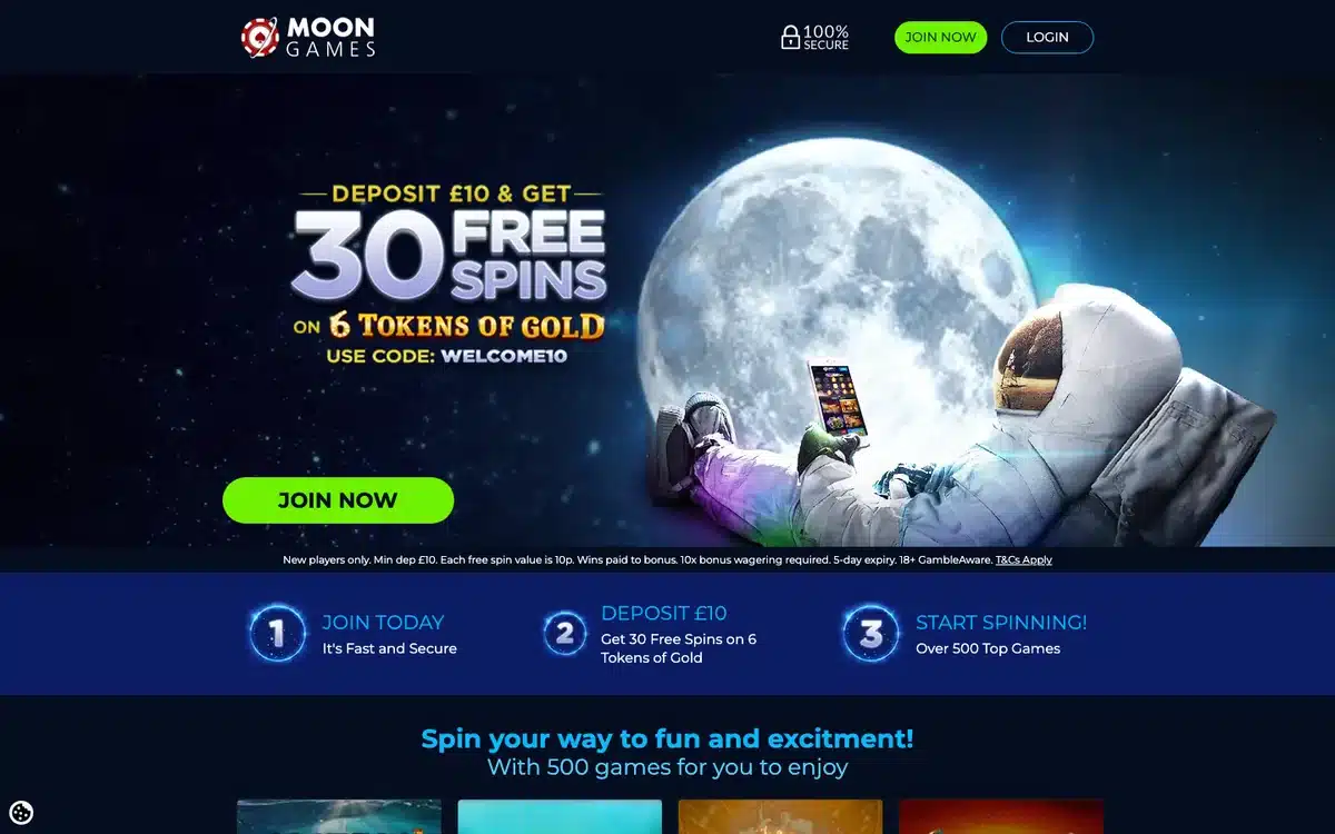 Moon Games homepage showing its current casino welcome offer