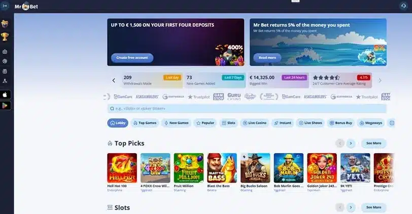 Mr Bet homepage screenshot