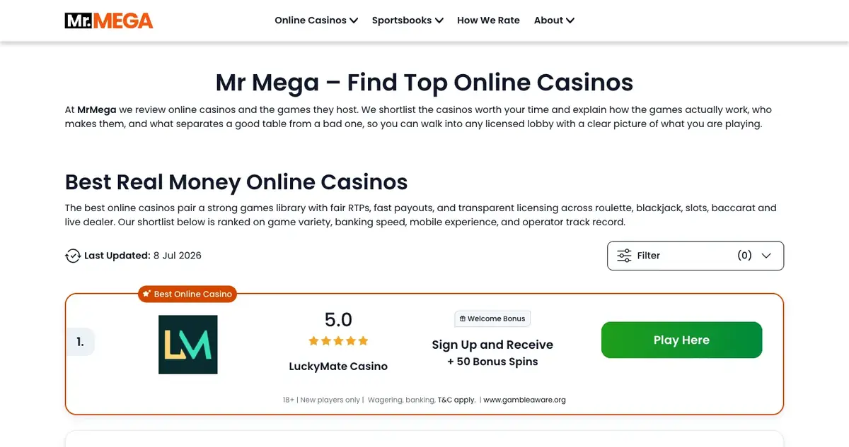 Mr Mega homepage screenshot – July 2026